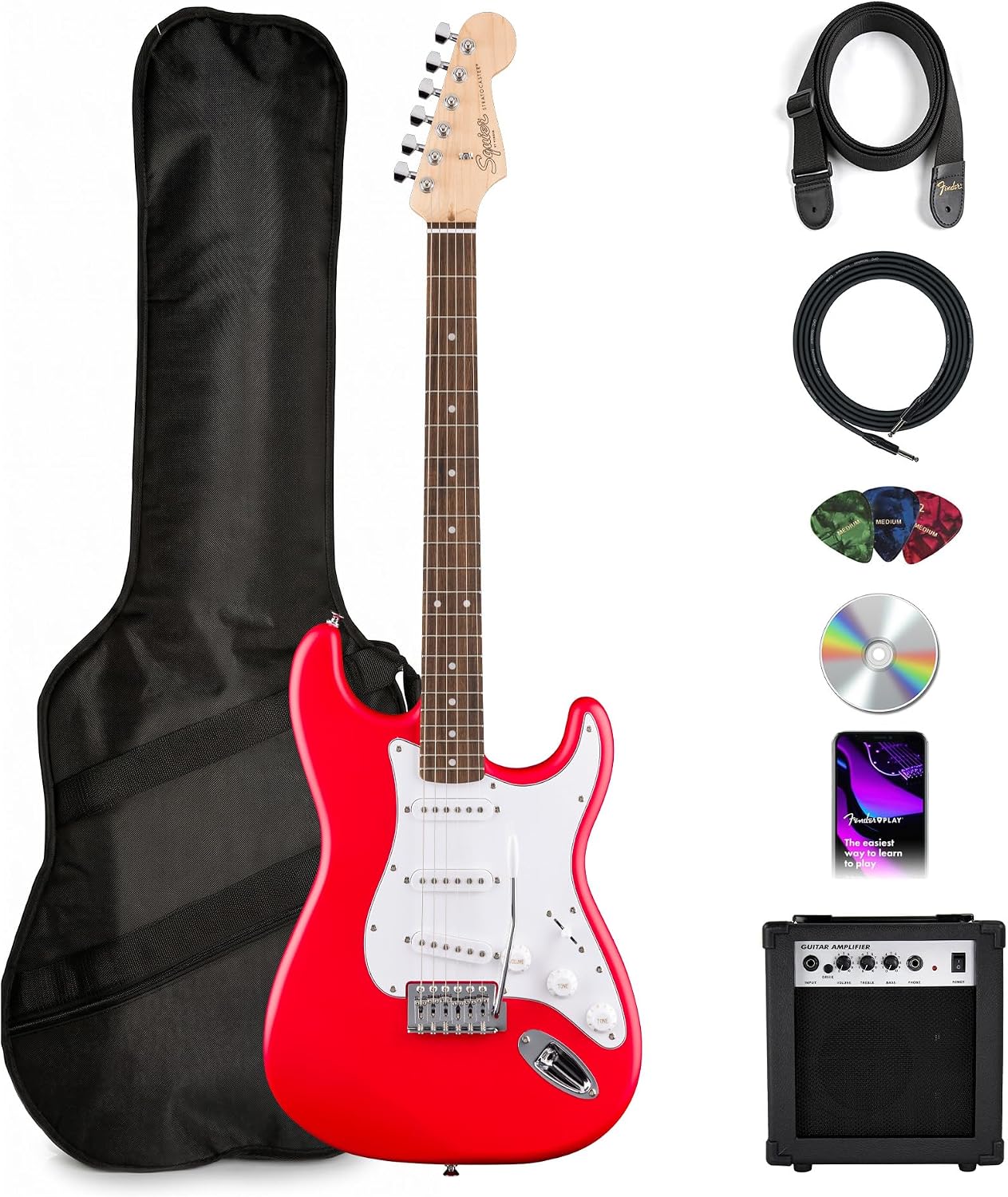 Fender Squier Stratocaster - Torino Red Bundle with Amplifier, Gig Bag, Strap, Instrument Cable, Picks, and Austin Bazaar Instructional DVD