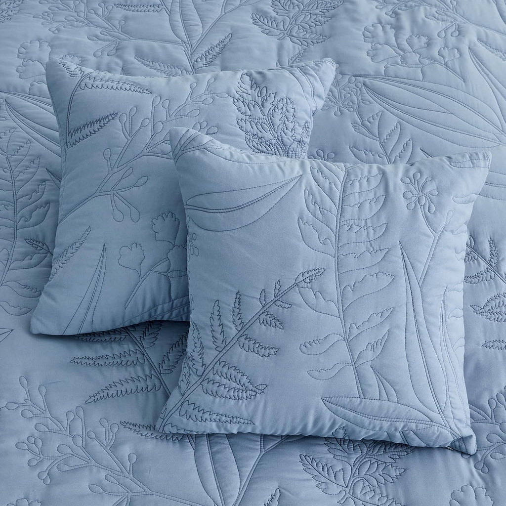 DaisyHuang Botanical Oversized Bedspread King Size - Leaves Pattern Stitching Quilt Set - Elegant & Fresh Style Bedding Coverlets, Reversible, Lightweight, 5 Piece, Ashley Blue