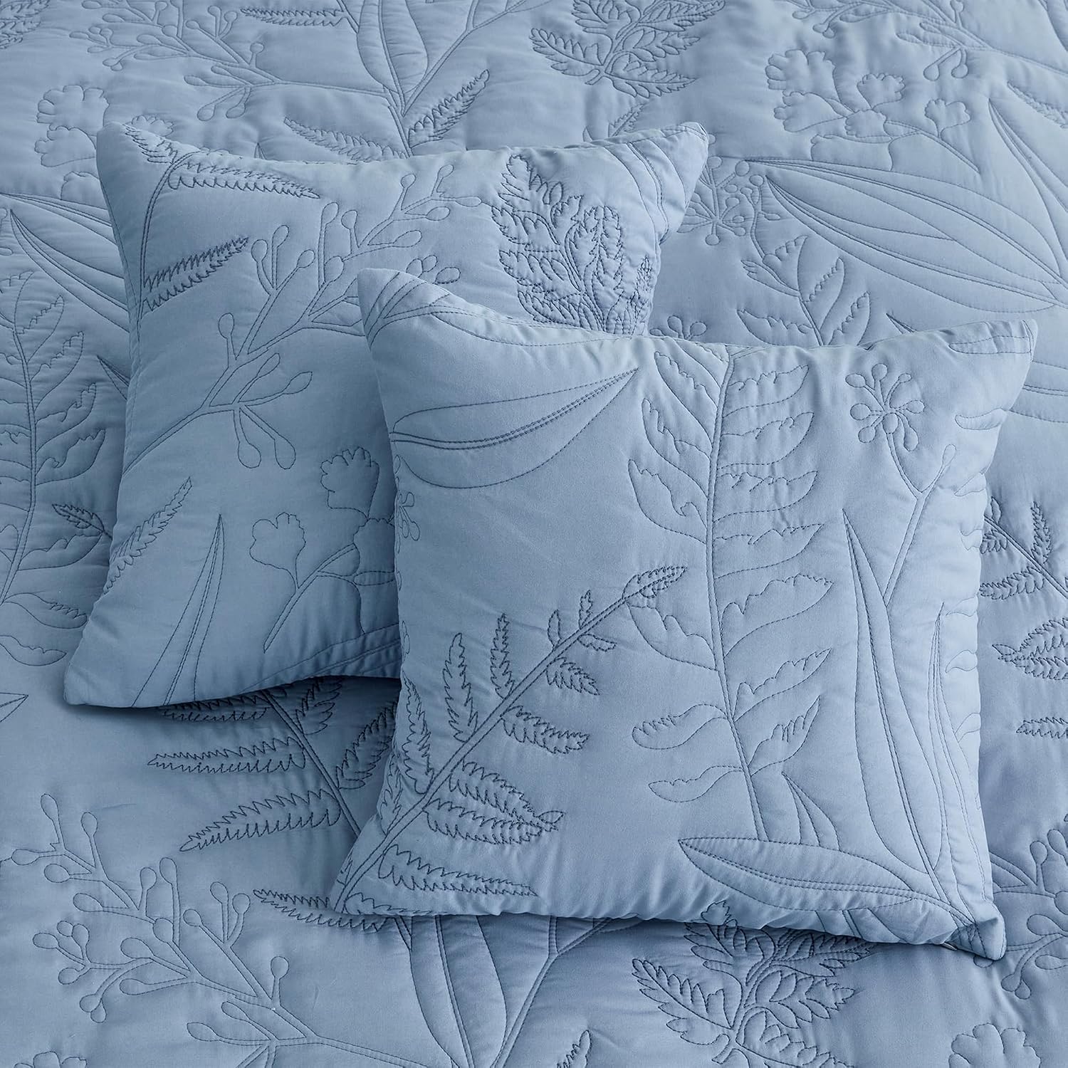 DaisyHuang Botanical Oversized Bedspread King Size - Leaves Pattern Stitching Quilt Set - Elegant & Fresh Style Bedding Coverlets, Reversible, Lightweight, 5 Piece, Ashley Blue