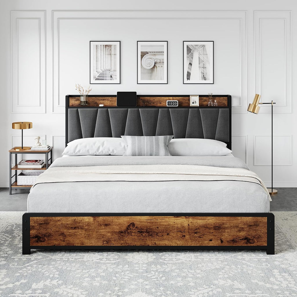 GarveeHome King Size Bed Frame with 4 Storage Drawers, Upholstered Storage Charging Headboard, Heavy Duty Metal Platform Bed Frame, Noise Free, No Box Spring Needed, Rustic Brown