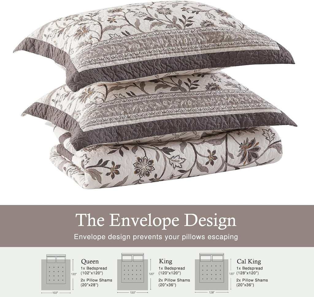 Farmhouse Oversized Bedspread Queen Size 102'x120' - 100% Cotton Lightweight Extra Large Quilt with 2 Pillowshams, Reversible Botanical Striped Pattern Bedding Coverlet, 3 Pcs, Brown/Coffee