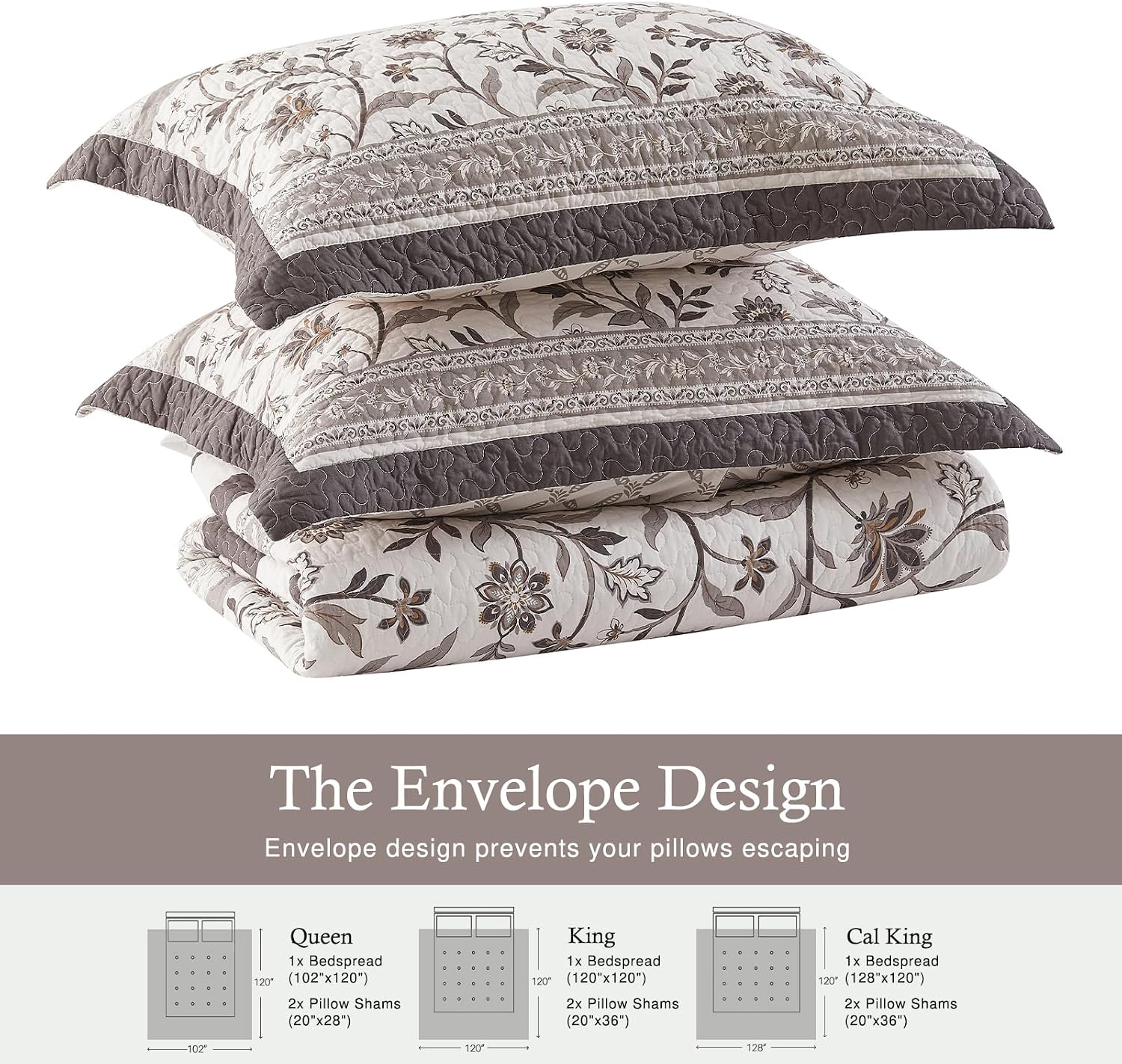 Farmhouse Oversized Bedspread Queen Size 102'x120' - 100% Cotton Lightweight Extra Large Quilt with 2 Pillowshams, Reversible Botanical Striped Pattern Bedding Coverlet, 3 Pcs, Brown/Coffee