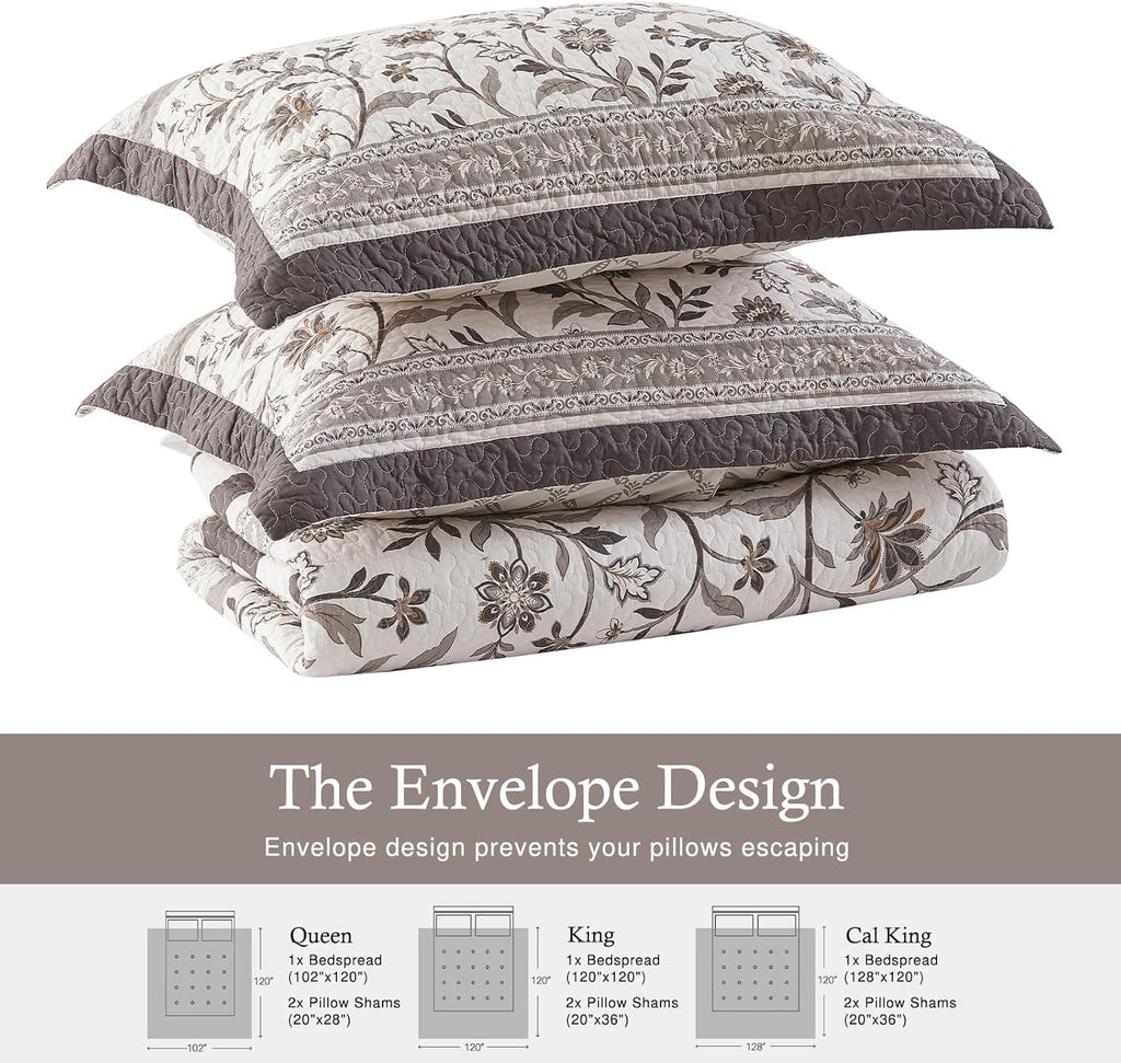 Farmhouse Oversized King Bedspread 128'x120' - 100% Cotton Lightweight California King Quilt Set, Reversible Botanical Striped Extra Wide Quilted Bedding Coverlet, 3 Pcs, Brown/Coffee
