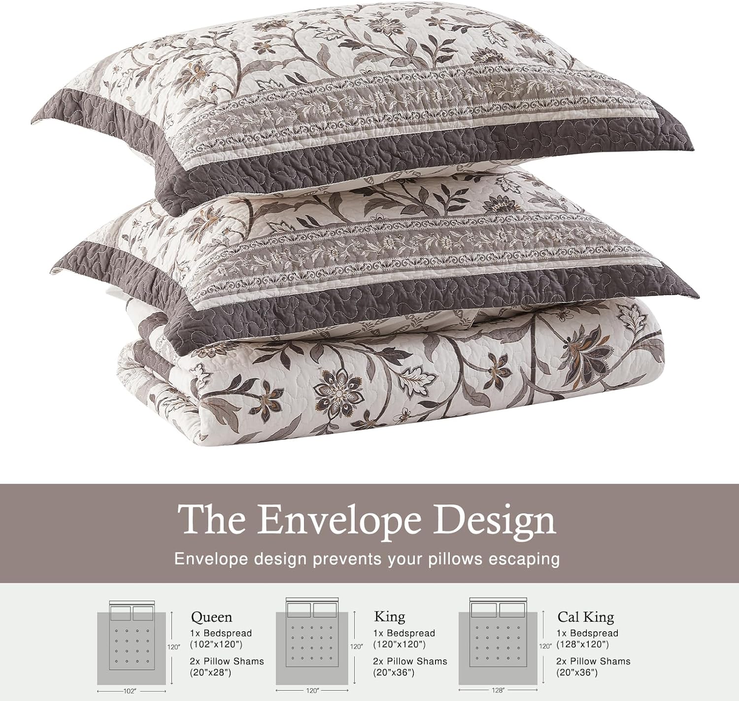 Farmhouse Oversized King Bedspread 128'x120' - 100% Cotton Lightweight California King Quilt Set, Reversible Botanical Striped Extra Wide Quilted Bedding Coverlet, 3 Pcs, Brown/Coffee