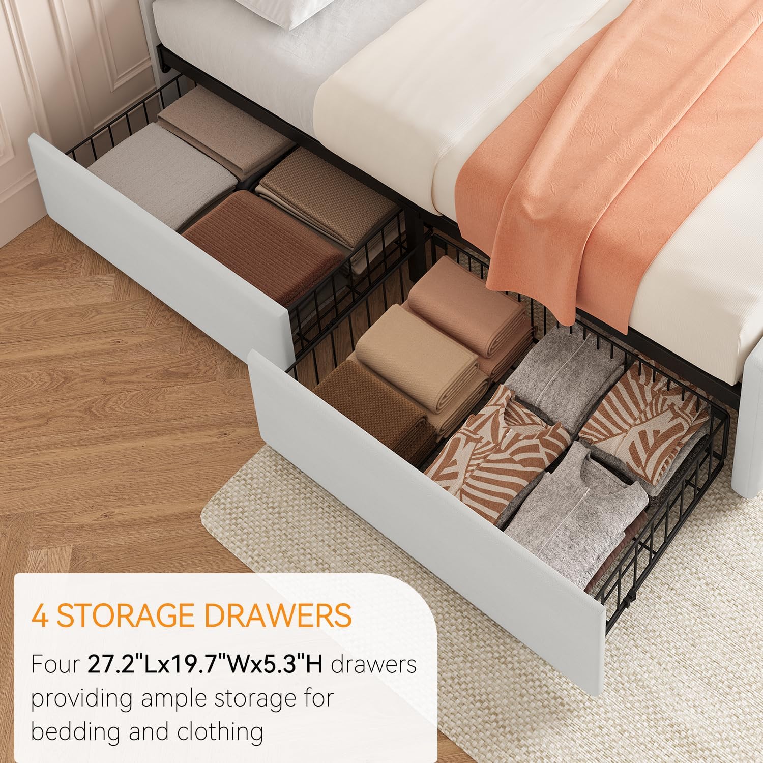 Full Size Platform Bed Frame with 4 Storage Drawers & Headboard, Faux Leather Upholstered, Button Tufted Design, Wooden Slats Support, Noise-Free Mattress Foundation, No Box Spring Needed, Beige