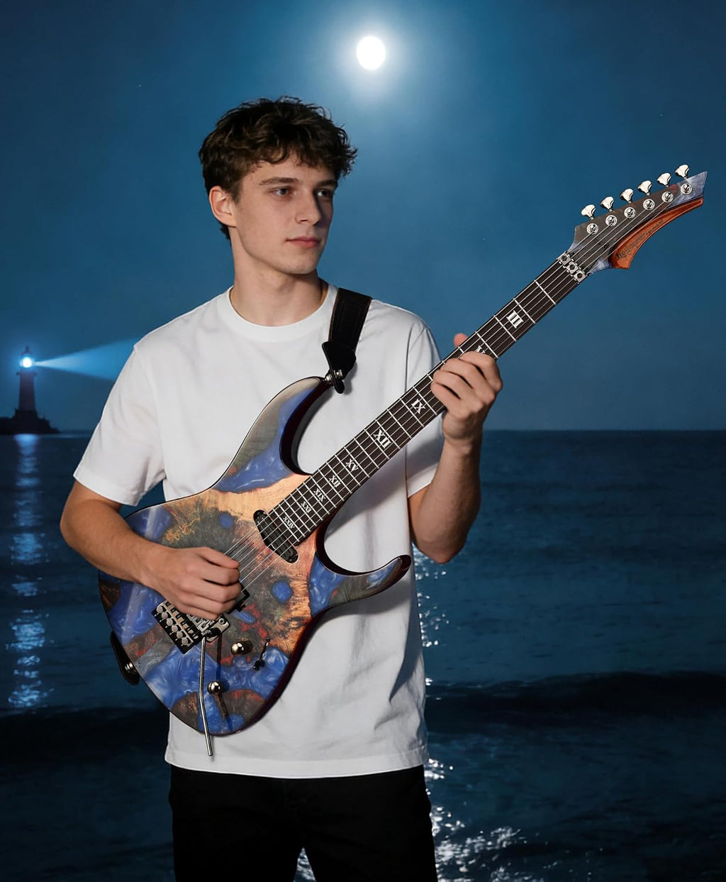 Leo Jaymz Tsunami Deluxe Mahogany Body & Roasted Maple Neck, HH Pickups with Rail, Double-Locking Tremolo, 24 Frets (Blue)