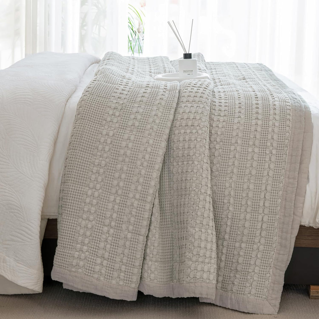 Sanracie Cotton Oversized Queen Bedspread (104 * 106'), Khaki Waffle Weave Quilt Set Farmhouse Shabby Boho Chic Bedding Coverlet Set All Season