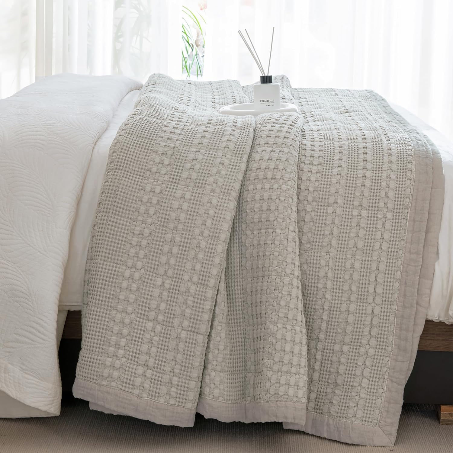Sanracie Cotton Oversized Queen Bedspread (104 * 106'), Khaki Waffle Weave Quilt Set Farmhouse Shabby Boho Chic Bedding Coverlet Set All Season
