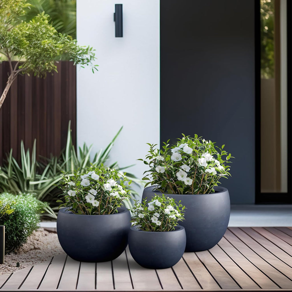 Kante 19.9',15.7',11.8' Dia Round Concrete Planter Set of 3, Outdoor/Indoor Large Bowl Plant Pots with Drainage Hole and Rubber Plug for Garden Patio Balcony Home, Dark Gray