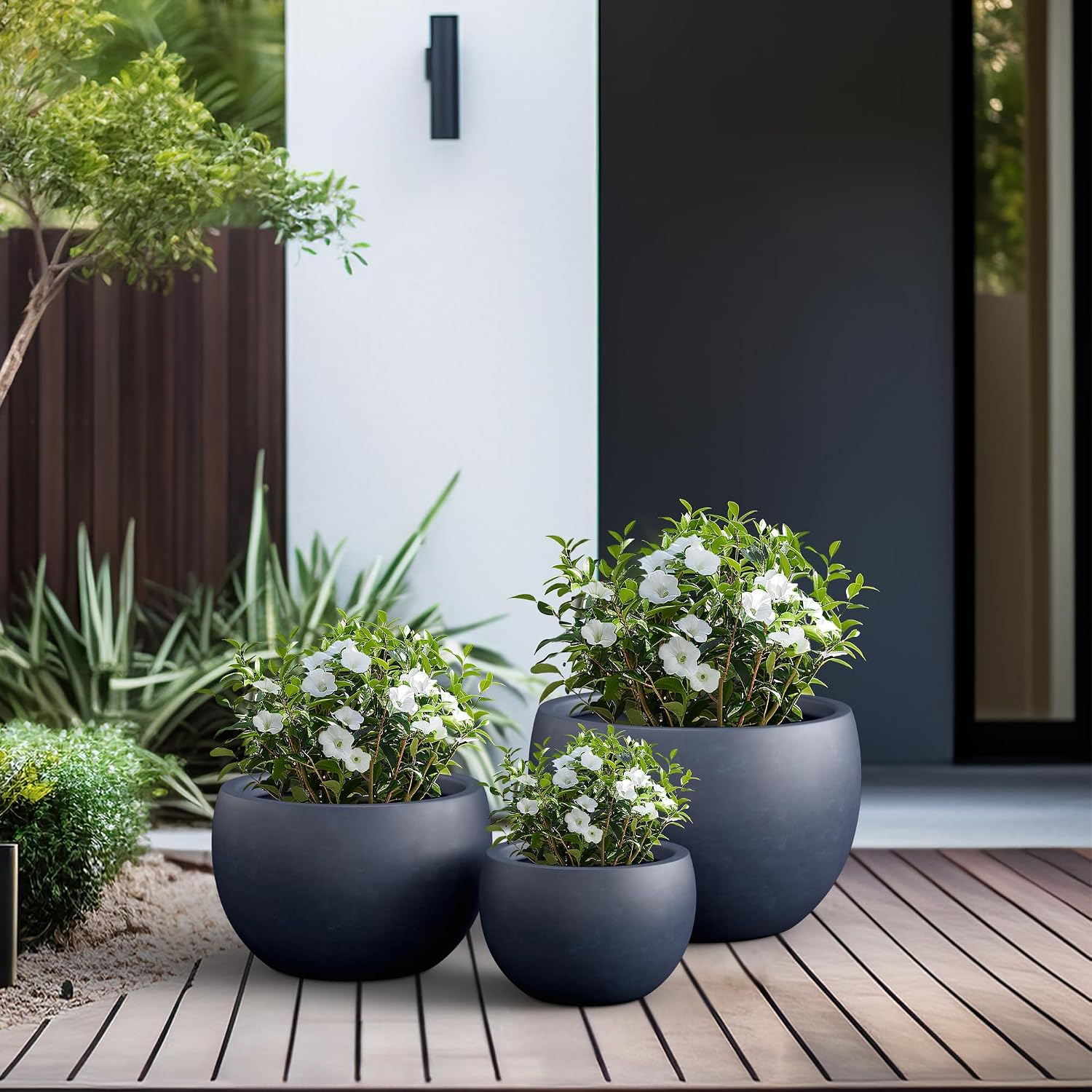 Kante 19.9',15.7',11.8' Dia Round Concrete Planter Set of 3, Outdoor/Indoor Large Bowl Plant Pots with Drainage Hole and Rubber Plug for Garden Patio Balcony Home, Dark Gray