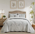 DaisyHuang Botanical Oversized Bedspread King Size - Leaves Pattern Stitching Quilt Set - Elegant & Fresh Style Bedding Coverlets, Reversible, Lightweight, 5 Piece, Grey