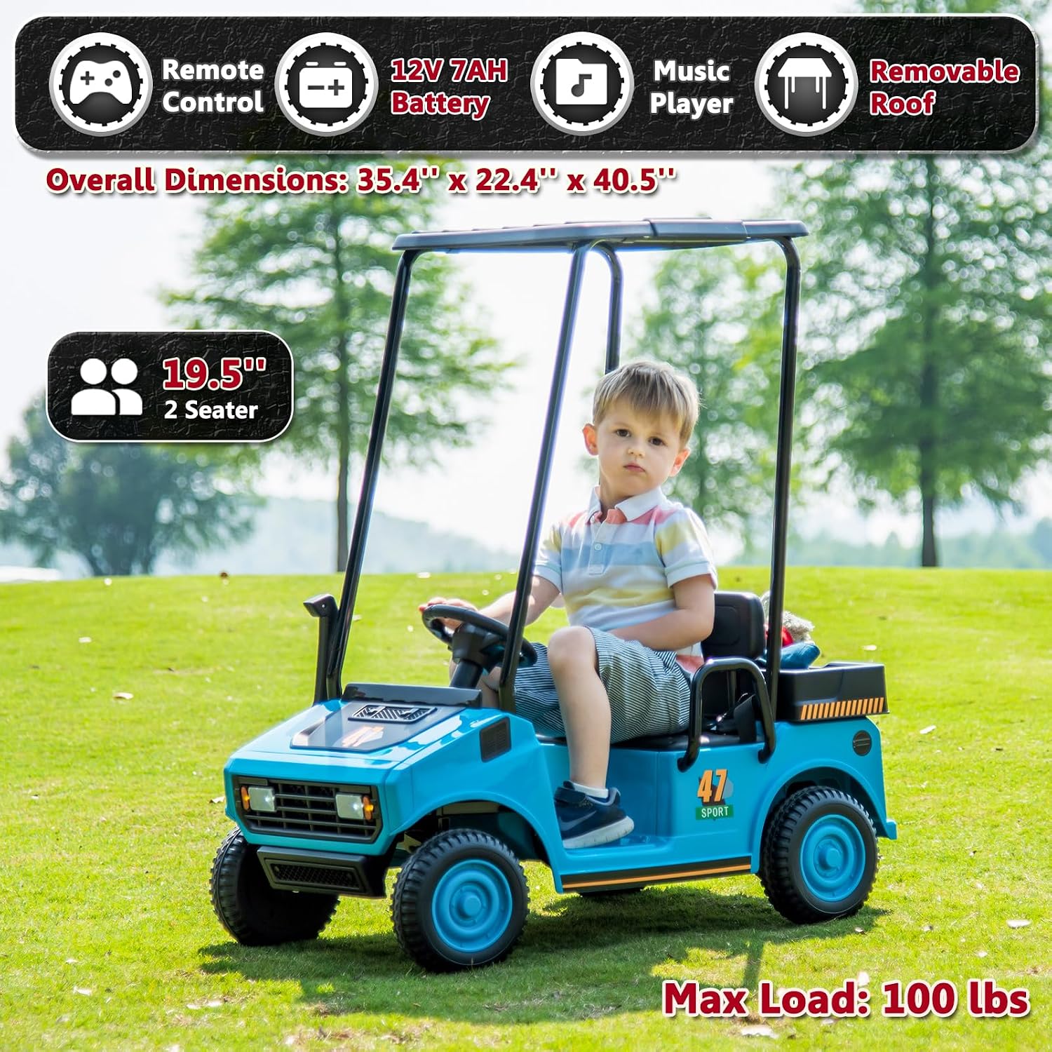 12V 7AH Kids Golf Cart with Remote Control, 2WD Ride on Toys for Boys Girls, 2 Seater Battery Powered Ride on Car with Music Player, Plastic Roof, Horn (Blue)