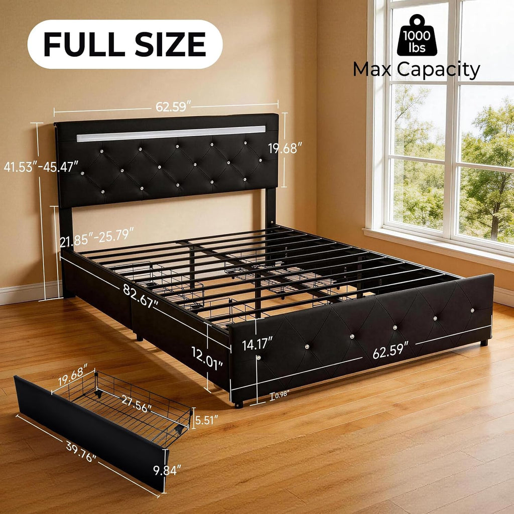 Full Size Bed Frame, Storage Bed with 4 Drawers and Adjustable Headboard, Upholstered Platform Bed with Handy Charging Station and LED Light, Noise Free, Easy Assembly, No Box Spring Needed, Black