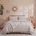 Herside Beige Cotton Ruffle Comforter King Size,2 Layers Ruffles Boho Bedding Set,3 Pcs Fluffy Vintage Comforter Farmhouse Soft and Cozy Lightweight Quilt Set for Women Home Decor