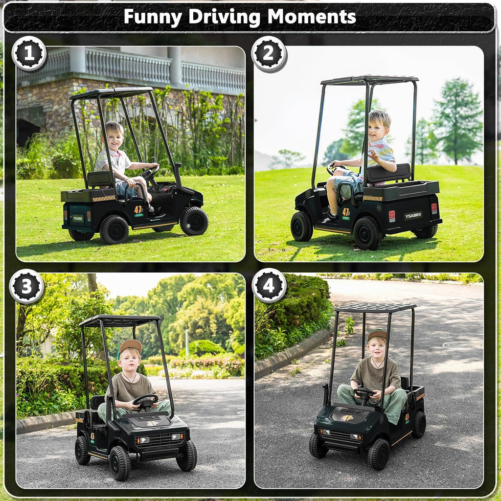 12V 7AH Golf Cart for Kids Boys Girls, Battery Powered Ride on Toys with Parent Remote Control, 2 Seater Ride on Golf Cart with Plastic Roof, Real Pedal, Music Player, Horn (Black)