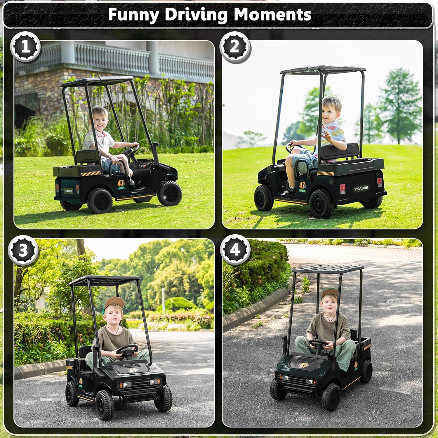 12V 7AH Golf Cart for Kids Boys Girls, Battery Powered Ride on Toys with Parent Remote Control, 2 Seater Ride on Golf Cart with Plastic Roof, Real Pedal, Music Player, Horn (Black)
