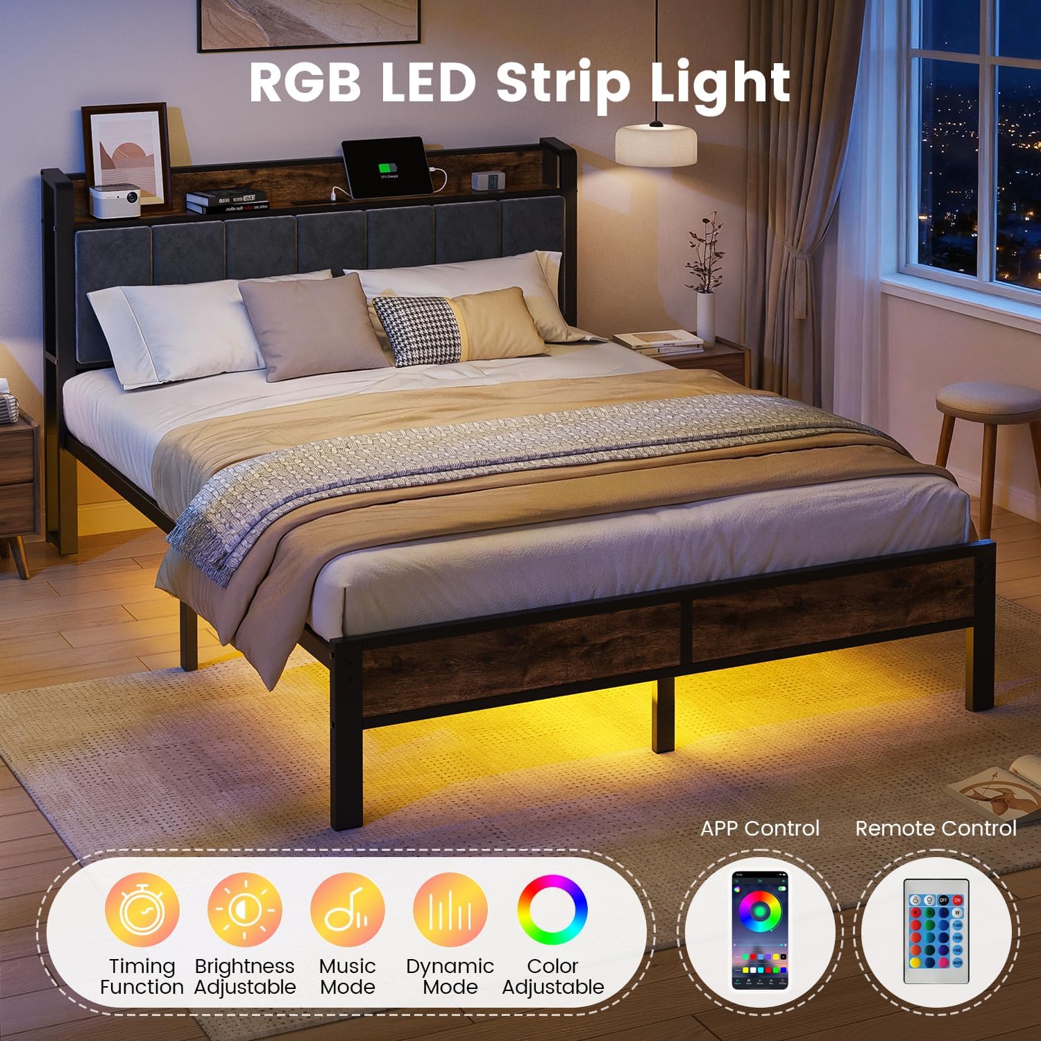 ALBERTO Queen Size Bed Frame with LED Lights, Upholstered Headboard with Storage and Charging Station, Metal Platform with Slats, No Box Spring Needed, Easy Assembly