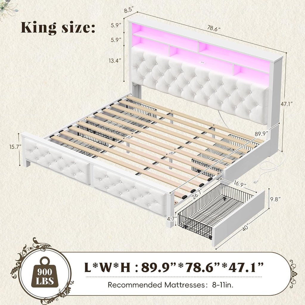 EnHomee King Size Bed Frame with 4 Drawers and Upholstered Storage Headboard,Wooden King Bed Frame with Charging Station and LED Lights,NO Noise,No Box Spring Needed,Beige