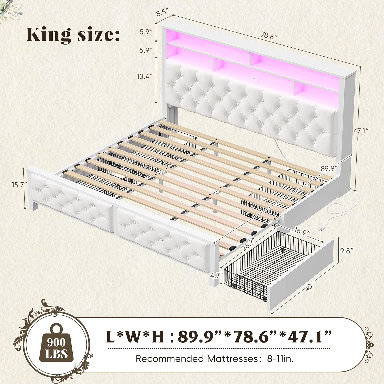 EnHomee King Size Bed Frame with 4 Drawers and Upholstered Storage Headboard,Wooden King Bed Frame with Charging Station and LED Lights,NO Noise,No Box Spring Needed,Beige
