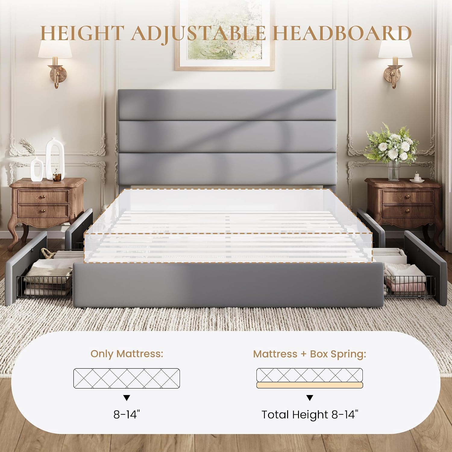 SHA CERLIN Full Size Platform Bed Frame with 4 Storage Drawers, Velvet Upholstered Headboard, Mattress Foundation with Wooden Slats Support, No Box Spring Needed, Easy Assembly, Grey
