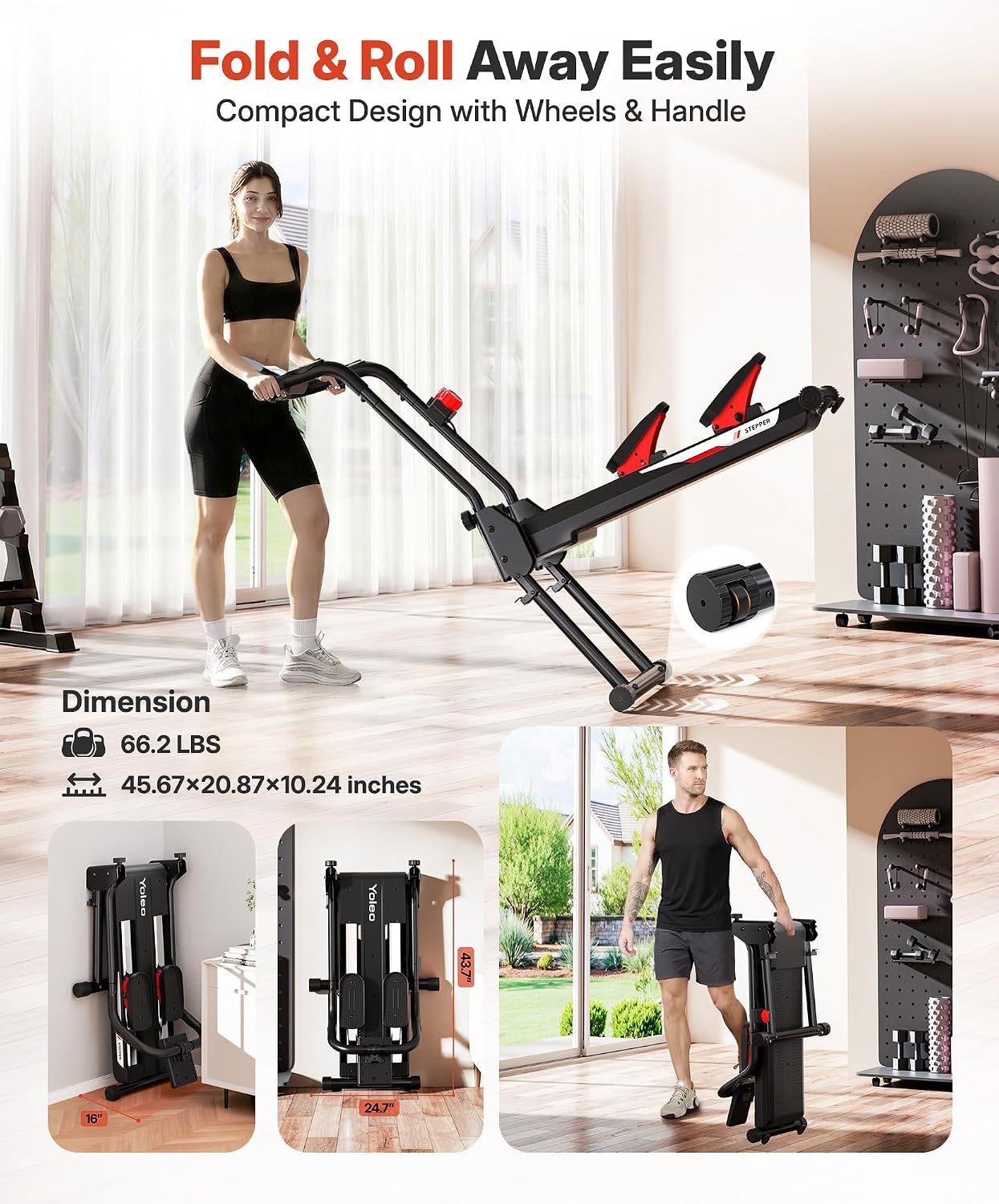 YOLEO Adjustable Resistance Stair Steppers for Exercise at Home, Folding Cardio Stairmaster with 3 Workout Modes & Oversized Pedal,90% Pre-Assembled Stair Climber with Handlebar for Full Body Workout