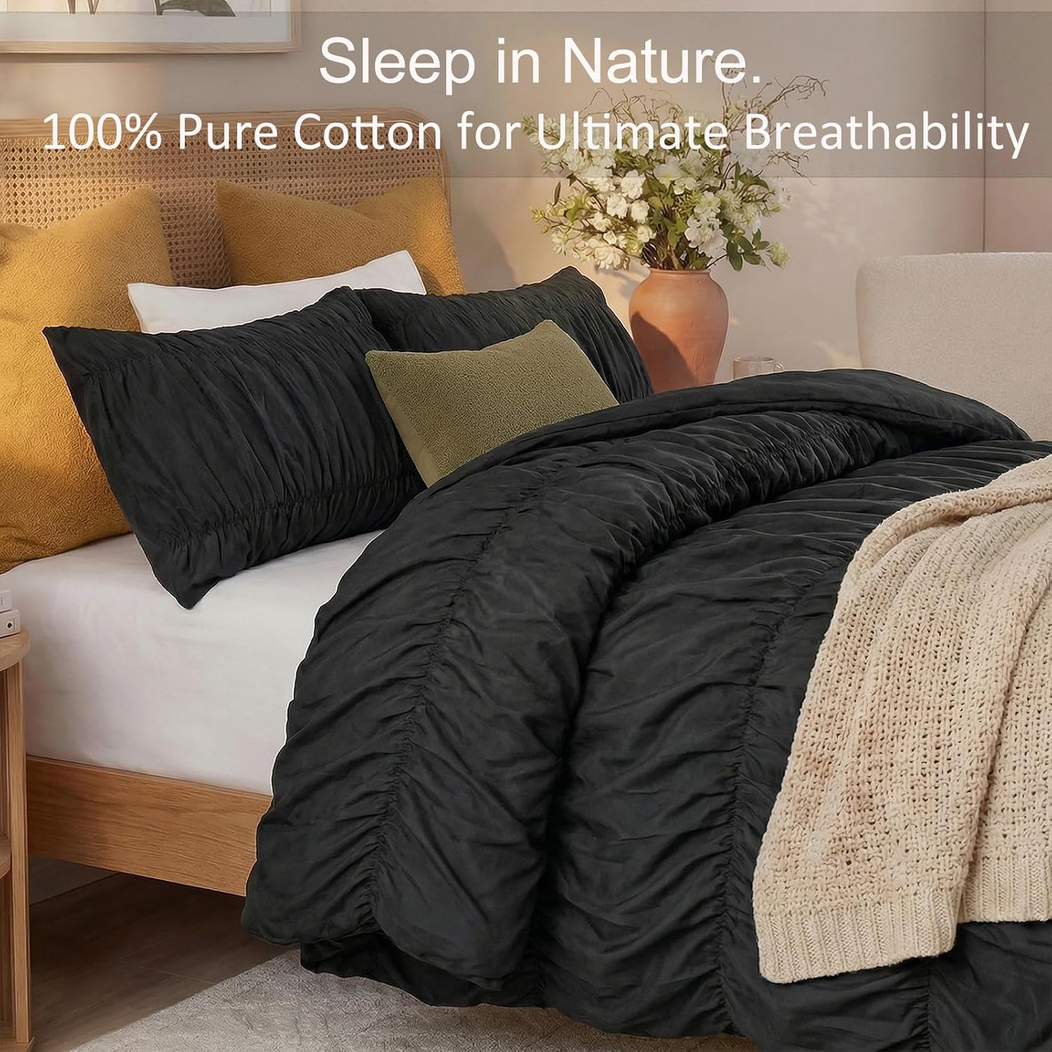 Bedbay Black Ruched Comforter Set King Size,100% Cotton Boho Bedding Set,Black Cinched Fluffy Comforter for Bedroom,3 Pcs Vintage Ruffle Bedding Aesthetic Room Decor for All Seasons