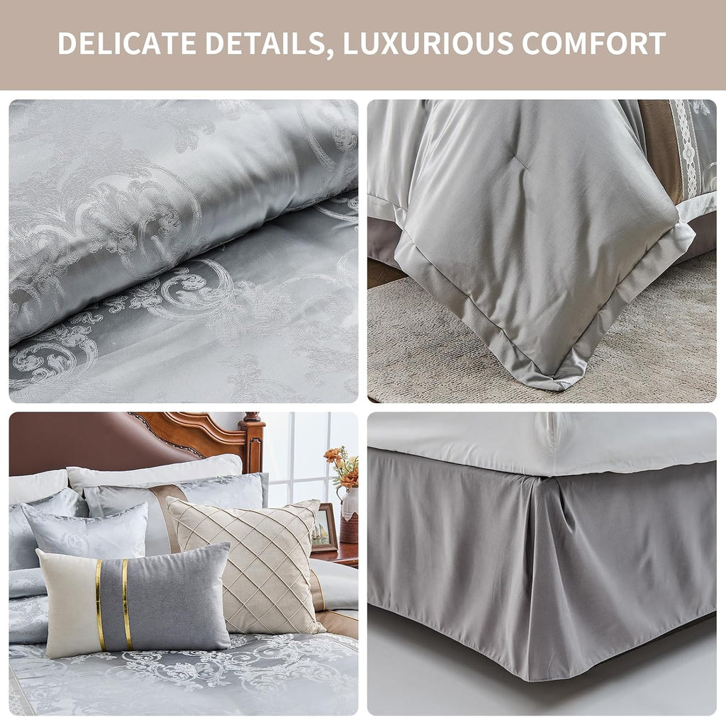 Bedduvit Luxurious Silky 7 Pieces King Size Comforter Set - Soft Jaquard Floral Patchwork Design King Comforter Set, Silver Gray Down Alternative Bedding Set with Bed Skirt, Shams, Decorative Pillows