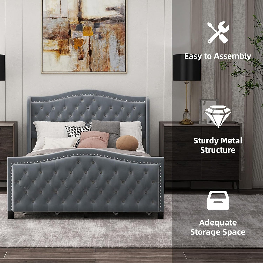 CANMOV Full Size Upholstered Bed Frame with 4 Storage Drawers,Comfortable Fabric Platform Bed Frame with Wingback Headboard & Footboard,Wooden Slats Support,No Box Spring Needed,Dark Grey