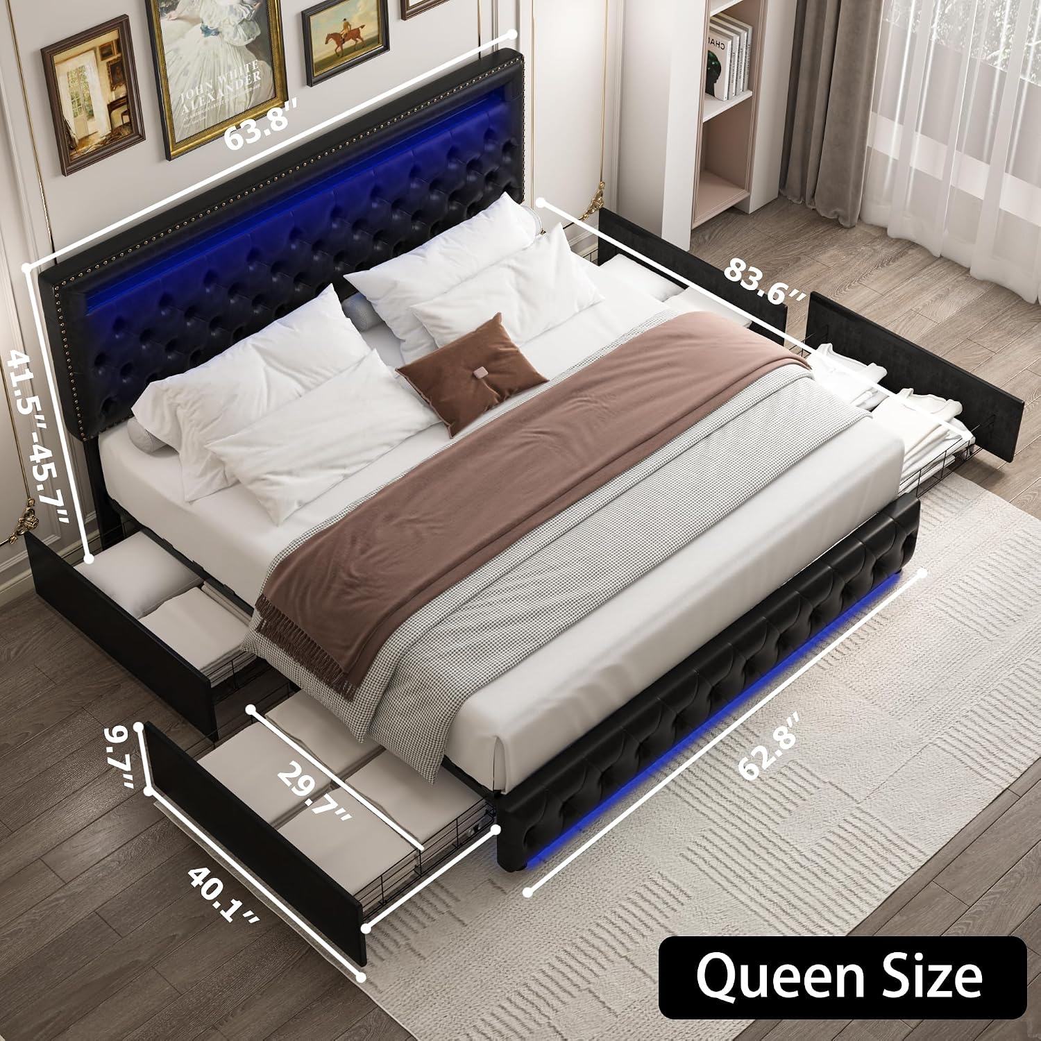 Queen LED Bed Frame with 4 Drawers, Platform Bed with Headboard, Adjustable Upholstered Diamond Headboard and Frame, No Box Spring Needed, Wooden Slats Support,PU Black