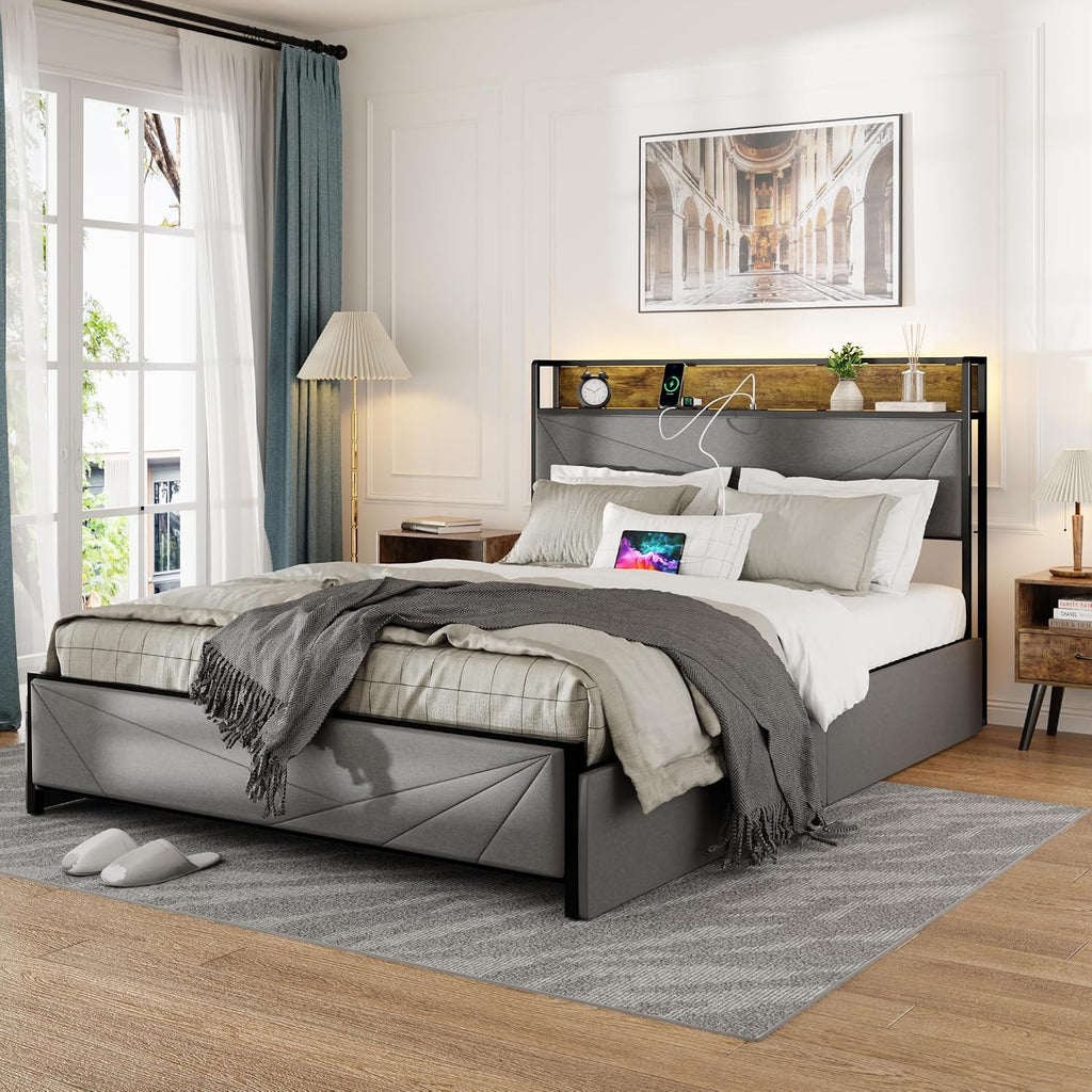 hatisan Full Size Bed Frame with 4 Storage Drawers and 2 USB Ports, Upholstered Platform Bed Frame with Storage Headboard Charging Station and Metal Slat Support, No Box Spring Needed, Dark Grey.