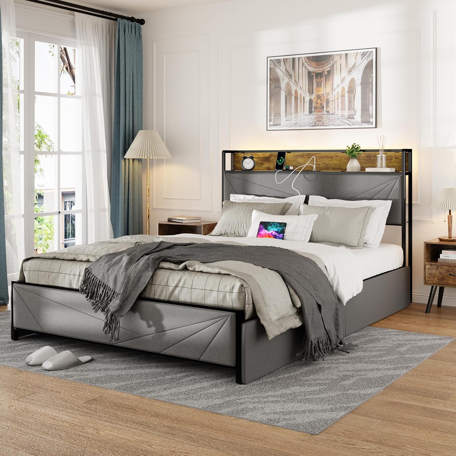 hatisan Full Size Bed Frame with 4 Storage Drawers and 2 USB Ports, Upholstered Platform Bed Frame with Storage Headboard Charging Station and Metal Slat Support, No Box Spring Needed, Dark Grey.