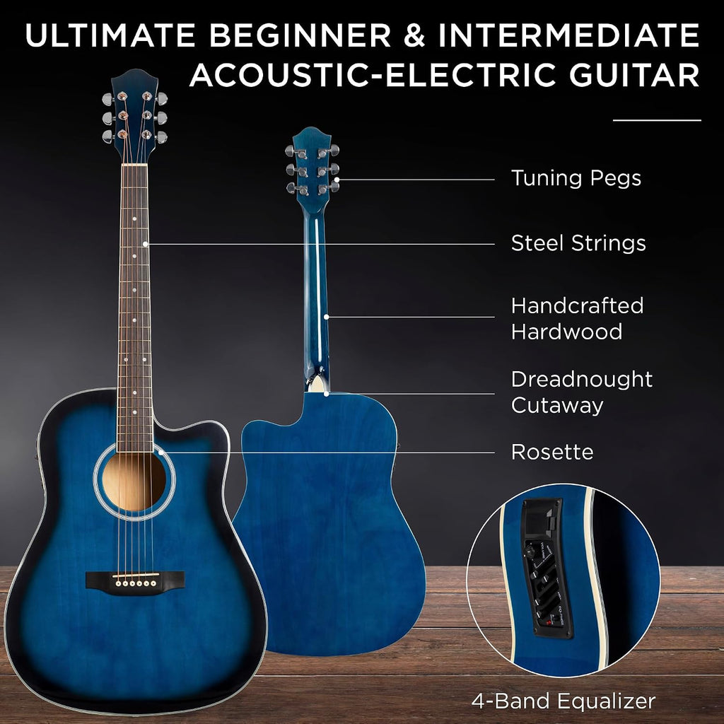 Best Choice Products Beginner Acoustic Electric Guitar Starter Set w/ 41in, All Wood Cutaway Design, Gig Bag, Strap, Picks - Blue
