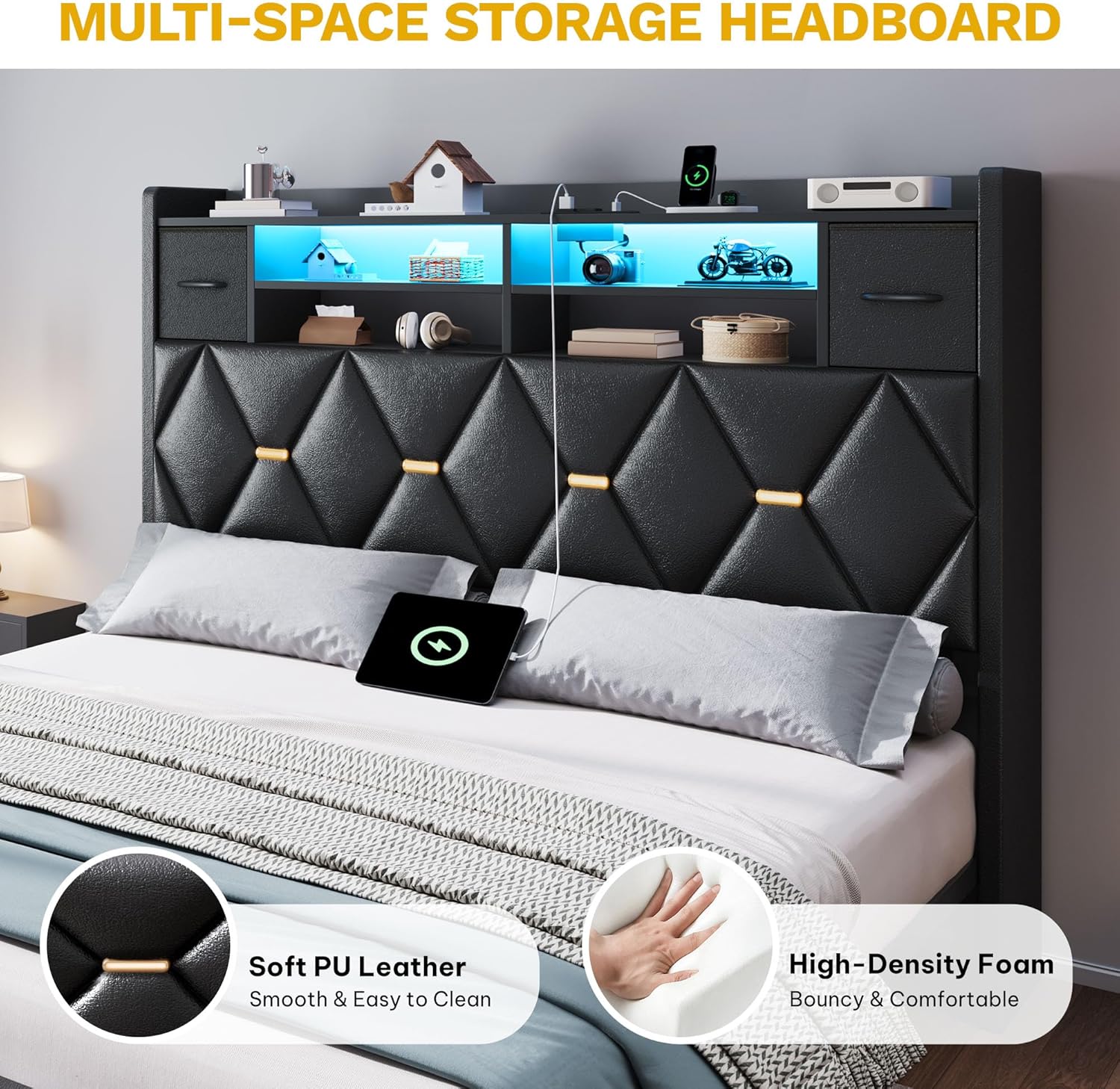 DWVO Full Size Bed Frame with 2 Storage Drawers and Storage Headboard, Upholstered Platform with Charging Station and LED Light, No Box Spring Needed, Noise Free, Easy Assembly, PU Leather Black