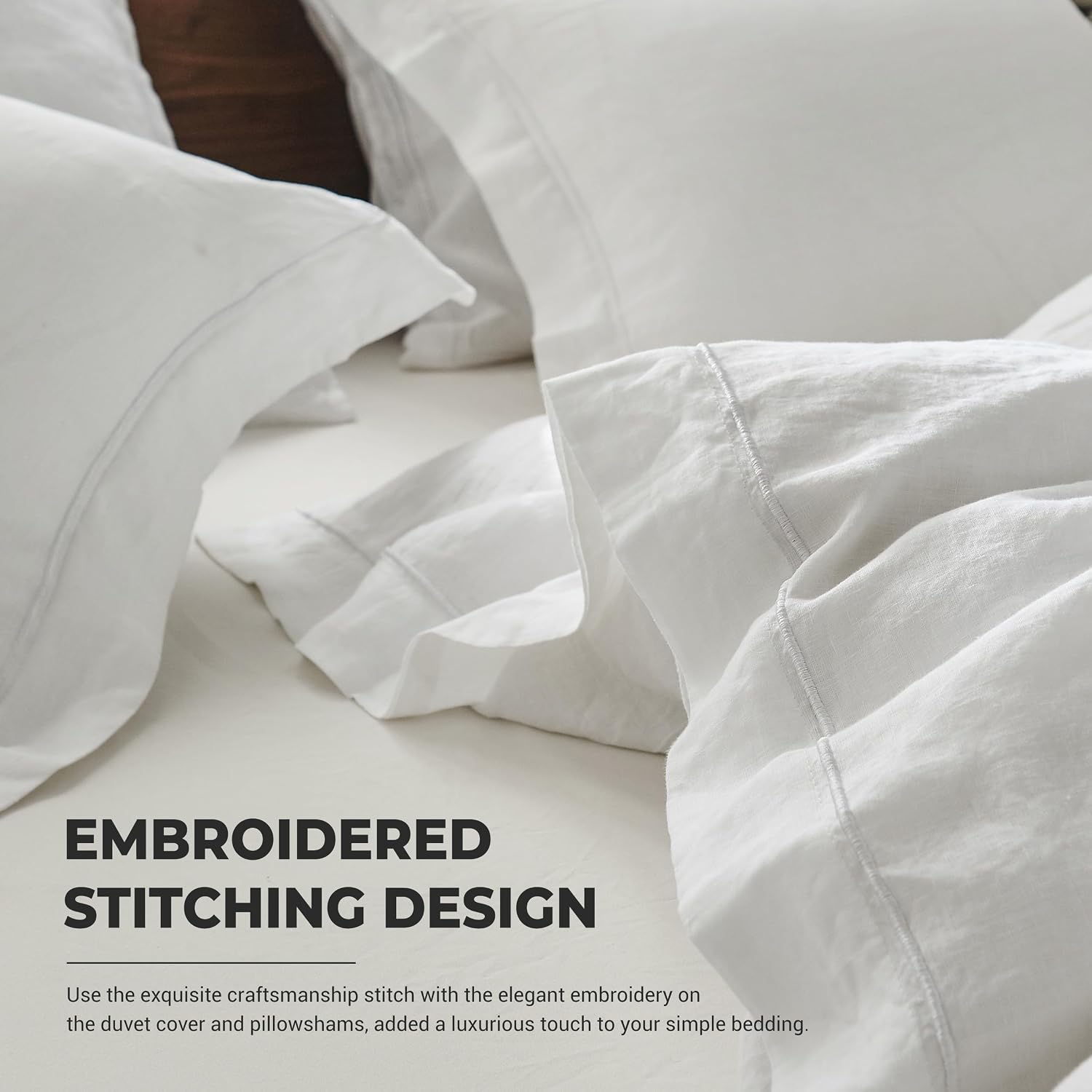 Simple&Opulence 100% Washed Linen Duvet Cover with Embroidered, 3 Pieces Soft Farmhouse Comforter Set with Button Closure,1 Duvet Cover and 2 Pillowshams(Full,White)