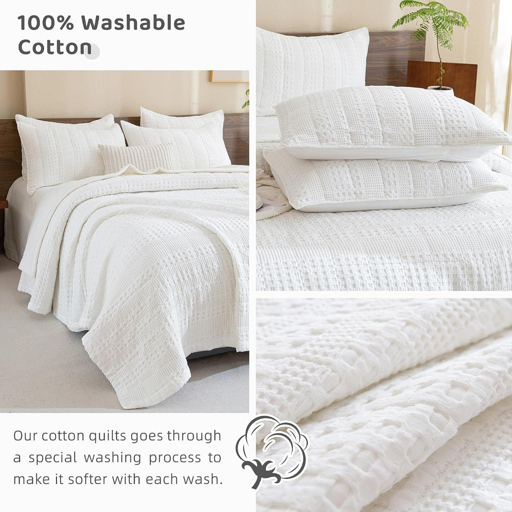 Sanracie Cotton Oversized King Bedspread(120'x120'),White Waffle Quilt Set 3Pcs Soft Lightweight Extra Large King Quilt Bedding Set,Farmhouse Coverlet Quilt Set Shabby Vintage Chic Bedding Set