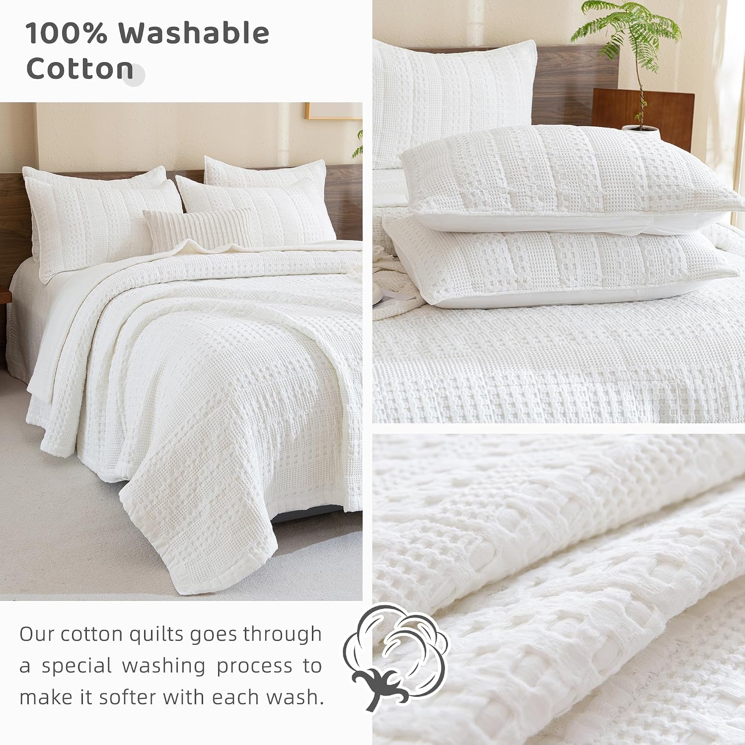 Sanracie Cotton Oversized King Bedspread(128'x120'),White Waffle Quilt Set 3Pcs Soft Lightweight Extra Large King Quilt Bedding Set,Farmhouse Coverlet Quilt Set Shabby Vintage Chic Bedding Set