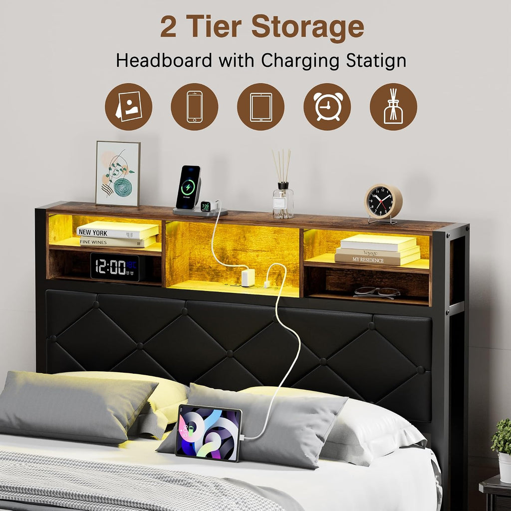 VECELO Full Size Bed Frame with Headboard & Footboard, Metal Platform Mattress Foundation, Led Lights and USB Charging Station, Storage, Noise Free, Easy Assembly, No Box Spring Needed, Vintage Brown