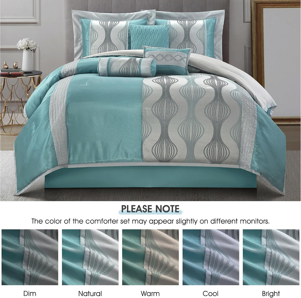 LANCO MODERN LIFESTYLE California King Comforter Set, Blue, 7 Pieces in a Bag, Ultra Soft Jacquard with Solid Piecework, Luxury Bed Set with Comforters, Bed Skirt, Pillow Shams and Decorative Pillows