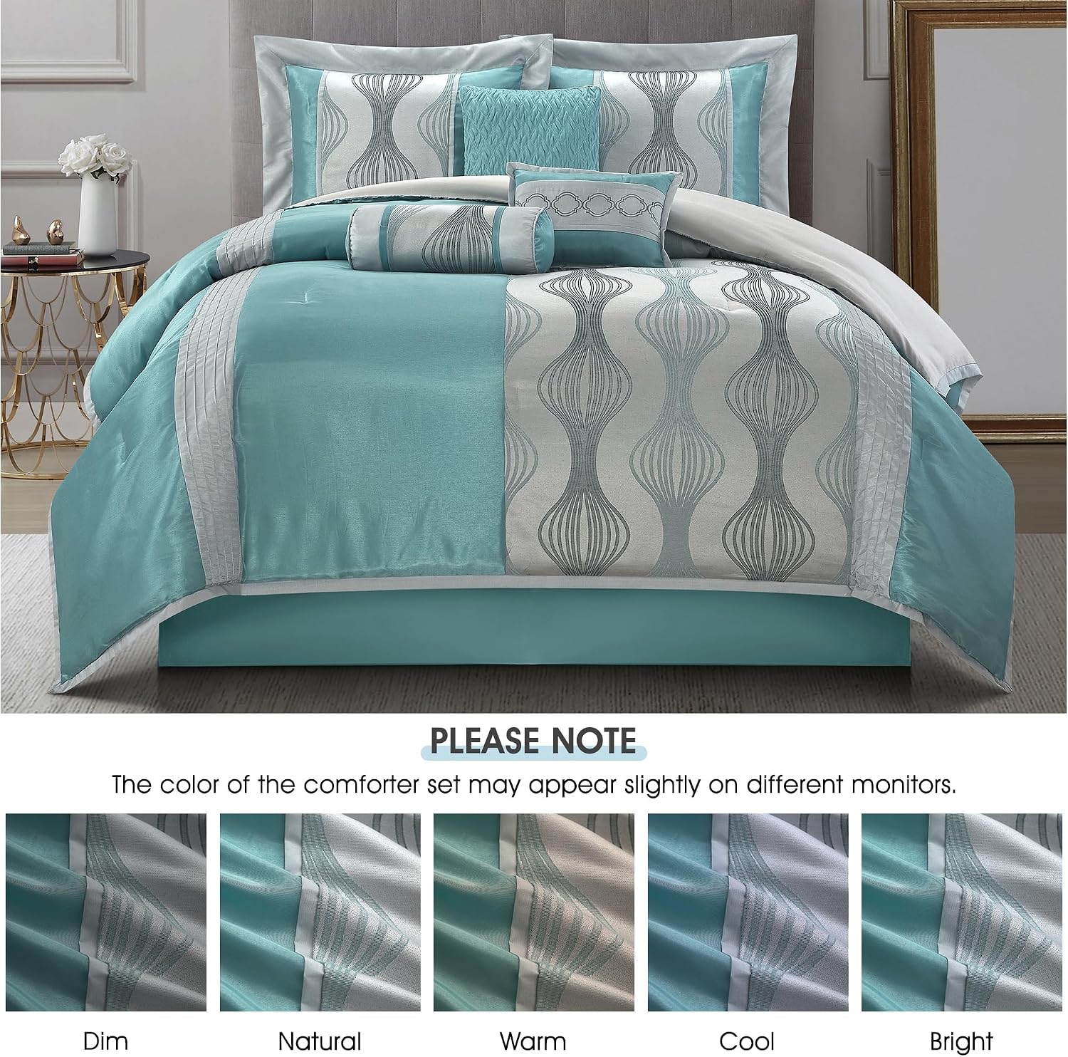 LANCO MODERN LIFESTYLE California King Comforter Set, Blue, 7 Pieces in a Bag, Ultra Soft Jacquard with Solid Piecework, Luxury Bed Set with Comforters, Bed Skirt, Pillow Shams and Decorative Pillows