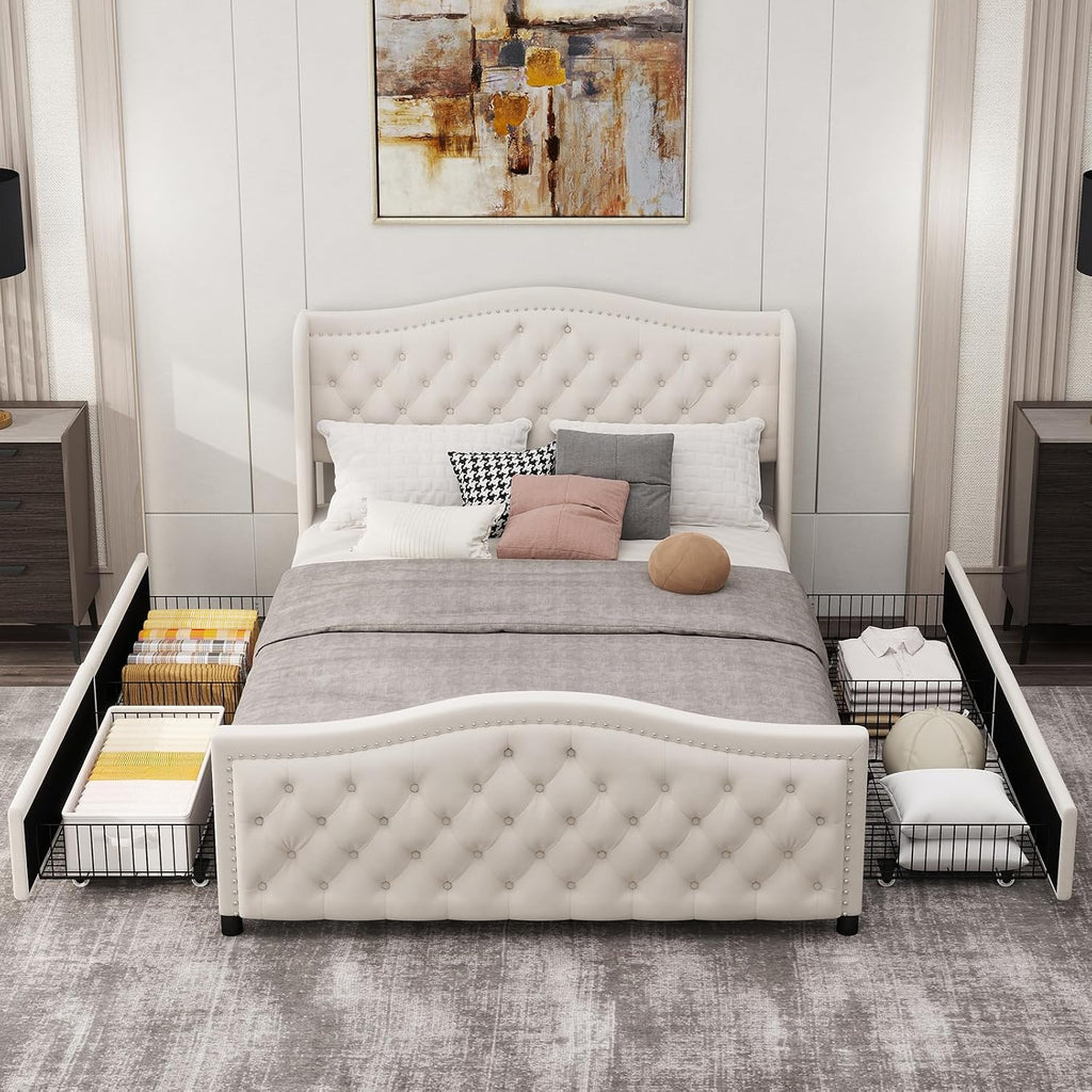 CANMOV Queen Size Upholstered Bed Frame with 4 Storage Drawers,Comfortable Fabric Platform Bed Frame with Wingback Headboard & Footboard,Wooden Slats Support,Button Tufted,No Box Spring Needed,Cream
