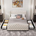 CANMOV Queen Size Upholstered Bed Frame with 4 Storage Drawers,Comfortable Fabric Platform Bed Frame with Wingback Headboard & Footboard,Wooden Slats Support,Button Tufted,No Box Spring Needed,Cream
