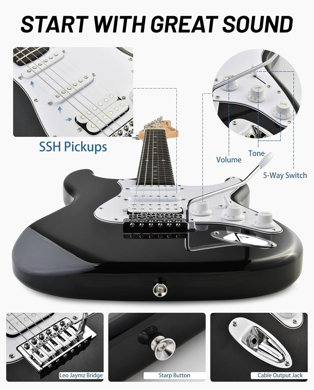 Leo Jaymz Beginner Electric Guitar 39' Kit with Portable Amplifier, Padded Gig Bag, Digital Tuner，Capo，Strap，Picks，HSS Pickups(Black-HSS)