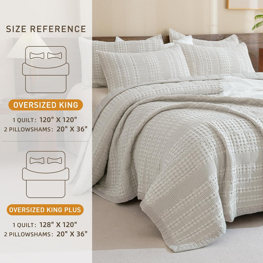 CozyTide 128'x120' Oversized Waffle Quilt Set,100% Cotton Khaki Bedding Bedspread Coverlet Set,3 Pieces Soft Lightweight Extra Large Farmhouse King Bedding Quilt for All Season