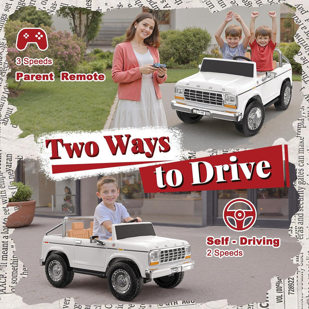 ANPABO Licensed Ford F-150 24V 2 Seater Ride on Car for Kids, 4x100W Motors for All-Terrain Electric Car with Parental Remote, Retro Style, 3-Speeds, Large Storage Box, Music Player, Aged 3-8, White