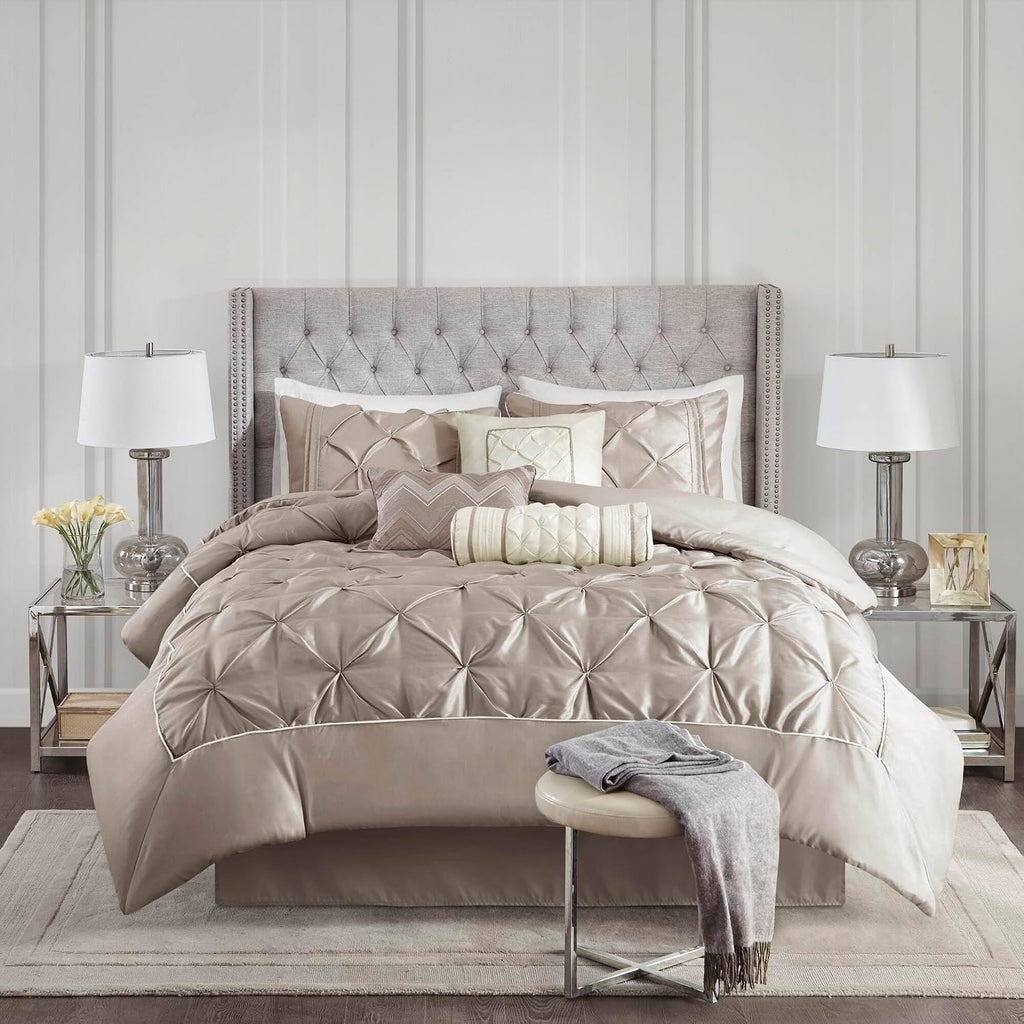 Madison Park Laurel Cozy Comforter Set - Traditional Tufted Faux Silk Design, All Season Down Alternative Bedding with Matching Shams, Decorative Pillow, Taupe King(104'x92') 7 Piece