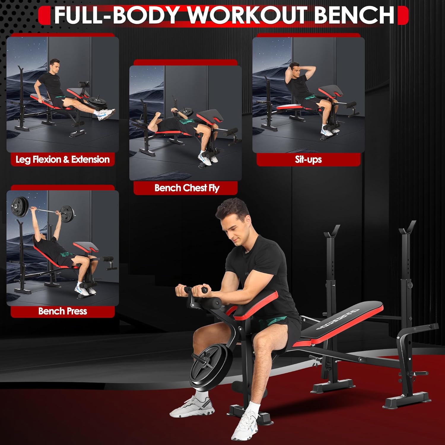 OPPSDECOR 900LBS All in One Weight Bench Set with Squat Rack Adjustable Workout Bench with Leg Developer Preacher Curl Rack Fitness Strength Training Bench for Home Gym