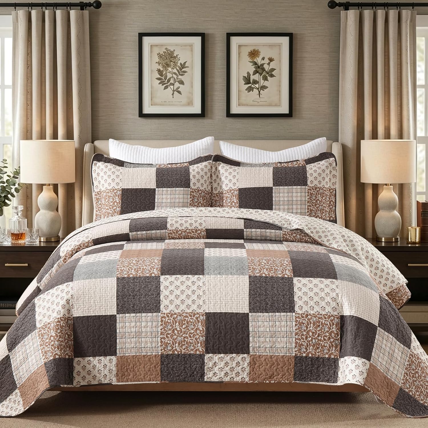 KALOOLA 100% Cotton Quilt Set King Size - Farmhouse Printed Patchwork Bedspread with 2 Pillow Shams, Reversible Plaid Botanical Bedding Coverlet for All Season, 3 Pieces, Brown/Charcoal/Gray