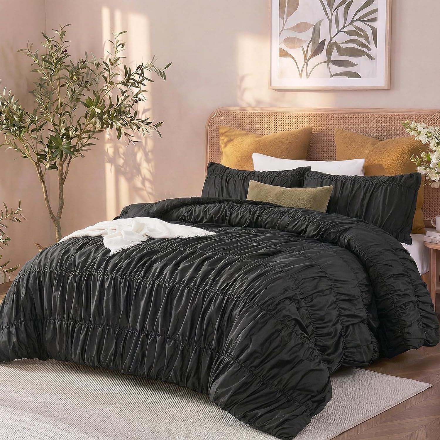 Bedbay Black Ruched Comforter Set King Size,100% Cotton Boho Bedding Set,Black Cinched Fluffy Comforter for Bedroom,3 Pcs Vintage Ruffle Bedding Aesthetic Room Decor for All Seasons