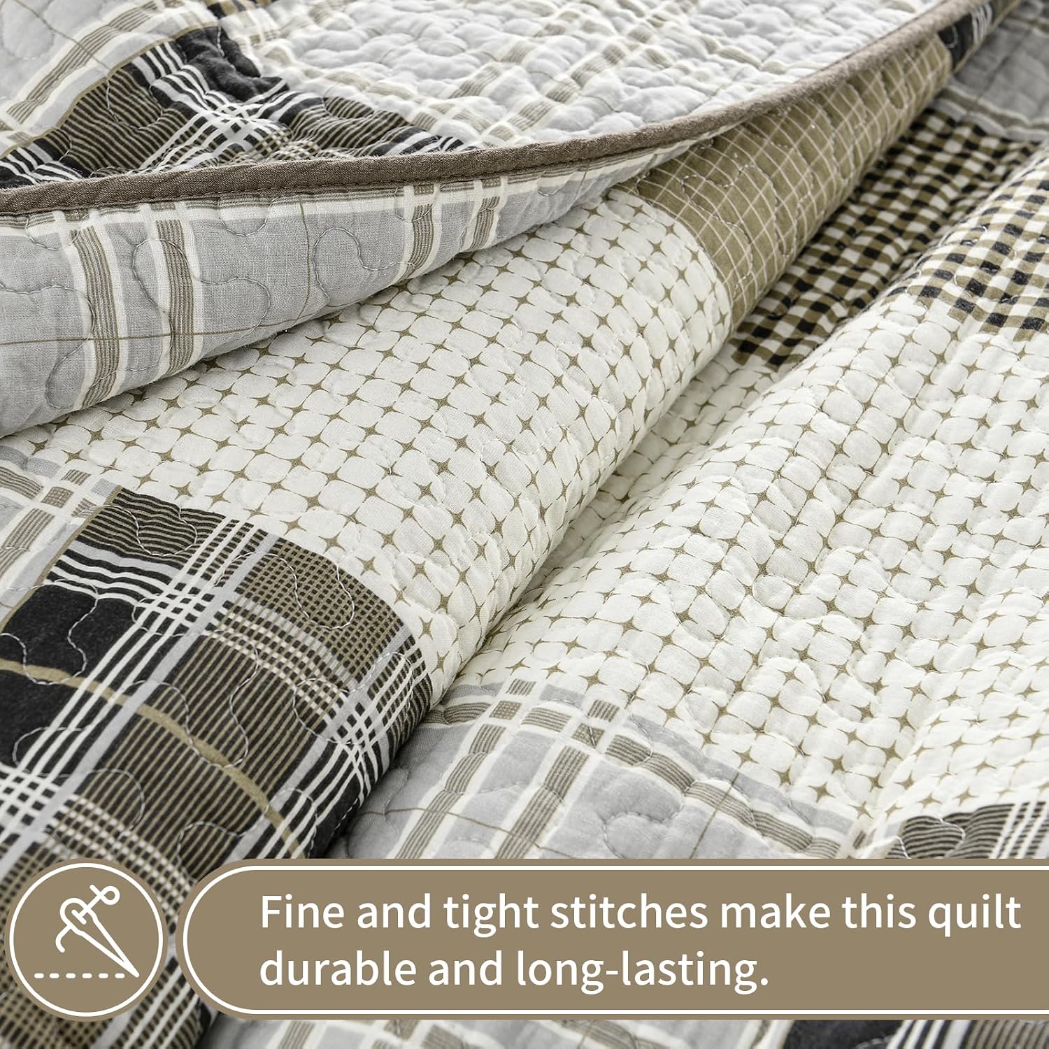 KALOOLA 100% Cotton 5-Pieces Quilt Set Queen Size, All Season Lightweight Quilted Bedspread with 2 Shams 2 Decorative Pillow Covers, Farmhouse Bedding Coverlet for Queen Bed, Beige/Cream/Brown