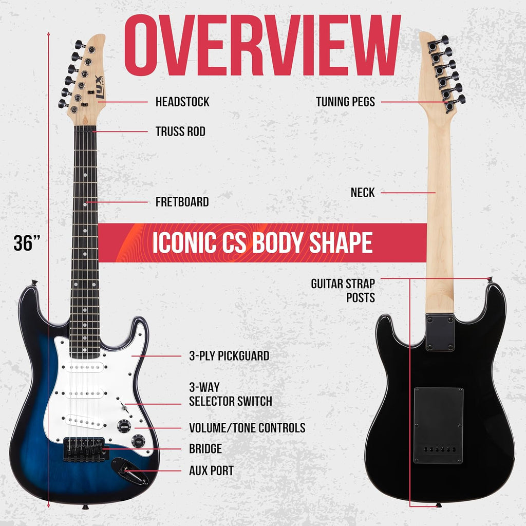 LyxPro CS 30' Electric Guitar Kit for Beginner, Intermediate & Pro Players with Guitar, Amp Cable, 6 Picks & Learner's Guide | Solid Wood Body, Volume/Tone Controls, 5-Way Pickup - Blue